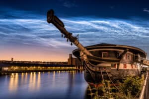 Ship in Dundee riverside at sunset